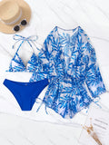 3 Pieces Bikini Tropical Print Swimsuit Halter Drawstring Side Swimwear Women 2023 Bathing Suit Female Swimming Summer Beachwear i-Bugiganga