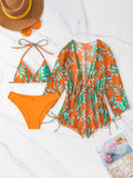 3 Pieces Bikini Tropical Print Swimsuit Halter Drawstring Side Swimwear Women 2023 Bathing Suit Female Swimming Summer Beachwear i-Bugiganga