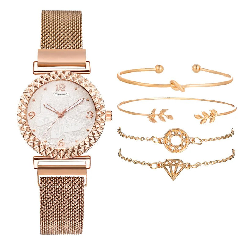 5PCS Women Watch Set Luxury Brand Rose Gold Dress Quartz Watch Bracelet Ladies Sports Wrist Watch Clock Gift Relogio Feminino i-Bugiganga